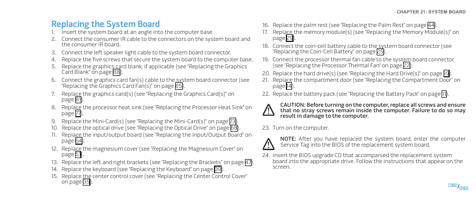 Replacing the system board | Dell Alienware M17x (Mid 2009) User Manual | Page 92 / 104