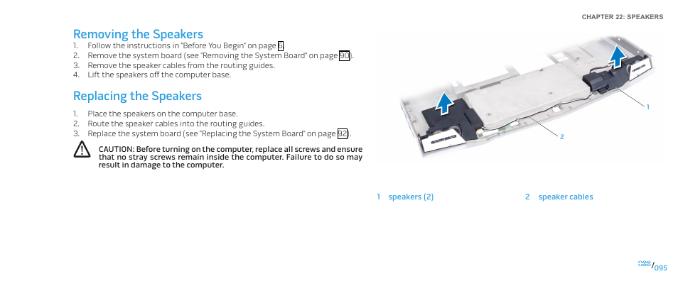 Removing the speakers, Replacing the speakers, Removing the speakers replacing the speakers | Dell Alienware M17x (Mid 2009) User Manual | Page 95 / 104