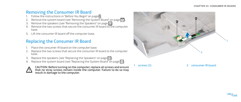 Removing the consumer ir board, Replacing the consumer ir board | Dell Alienware M17x (Mid 2009) User Manual | Page 98 / 104