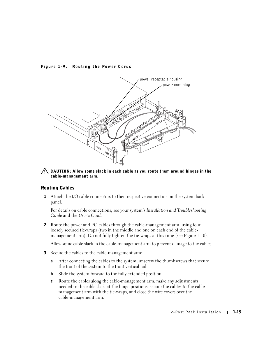 Routing cables, Figure 1-9, Routing the power cords | Dell PowerEdge 2650 User Manual | Page 19 / 20