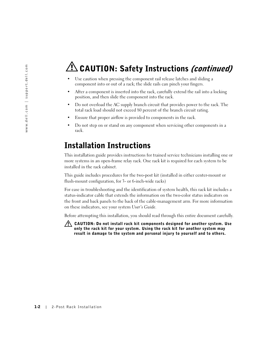 Installation instructions, Continued), Caution: safety instructions | Dell PowerEdge 2650 User Manual | Page 6 / 20