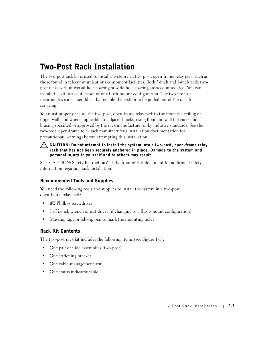 Two-post rack installation, Recommended tools and supplies, Rack kit contents | Dell PowerEdge 2650 User Manual | Page 7 / 20