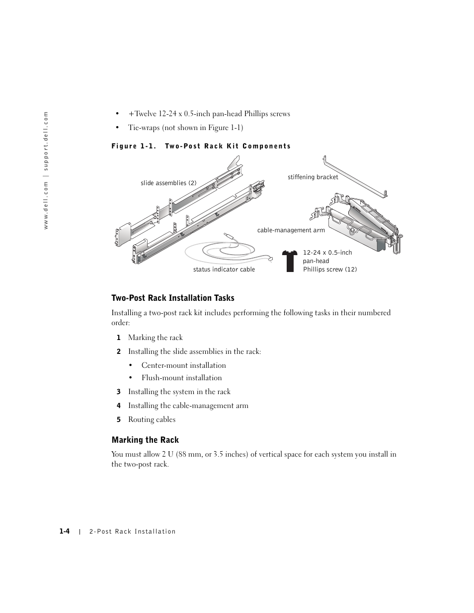 Two-post rack installation tasks, Marking the rack, Figure 1-1 | Two-post rack kit components | Dell PowerEdge 2650 User Manual | Page 8 / 20