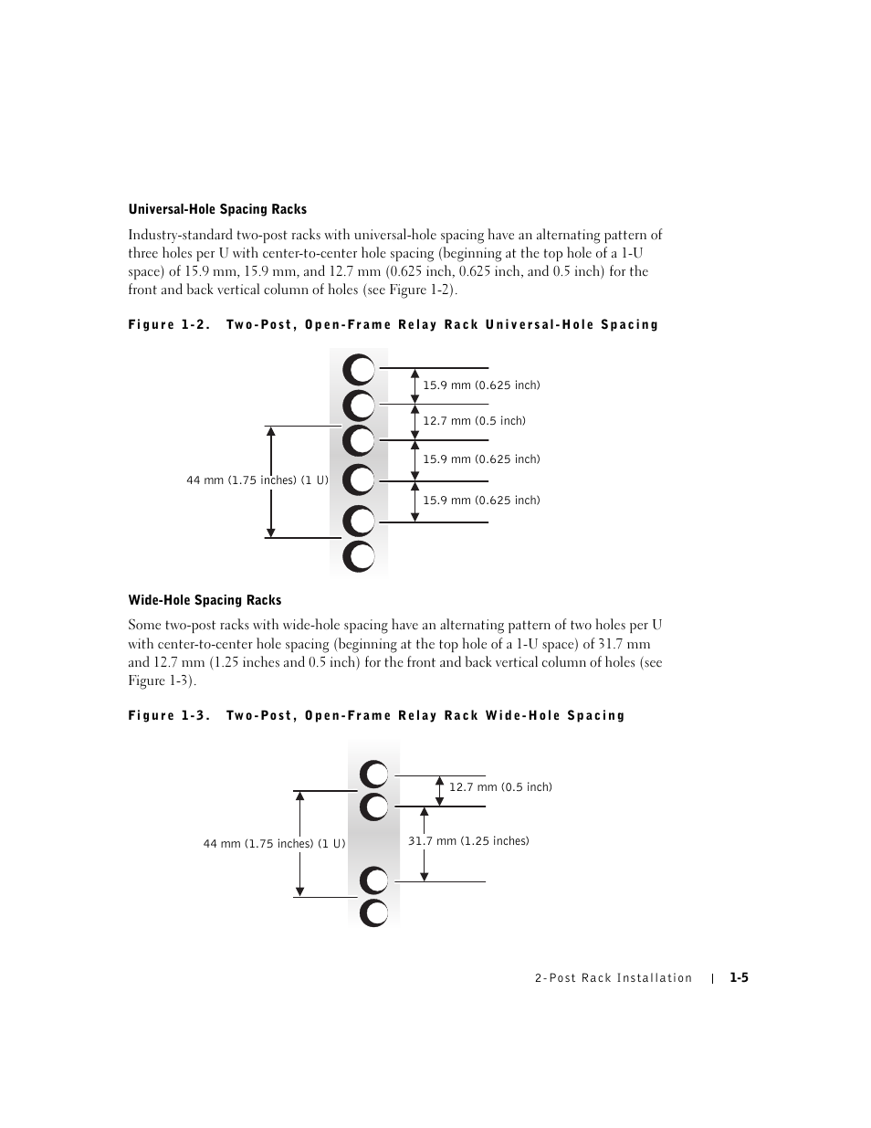 Figure 1-2, Figure 1-3, Two-post, open-frame relay rack wide-hole spacing | Dell PowerEdge 2650 User Manual | Page 9 / 20