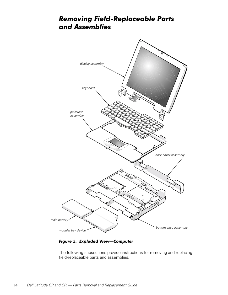 Removing field-replaceable parts andassemblies | Dell Latitude Cpi User Manual | Page 20 / 58