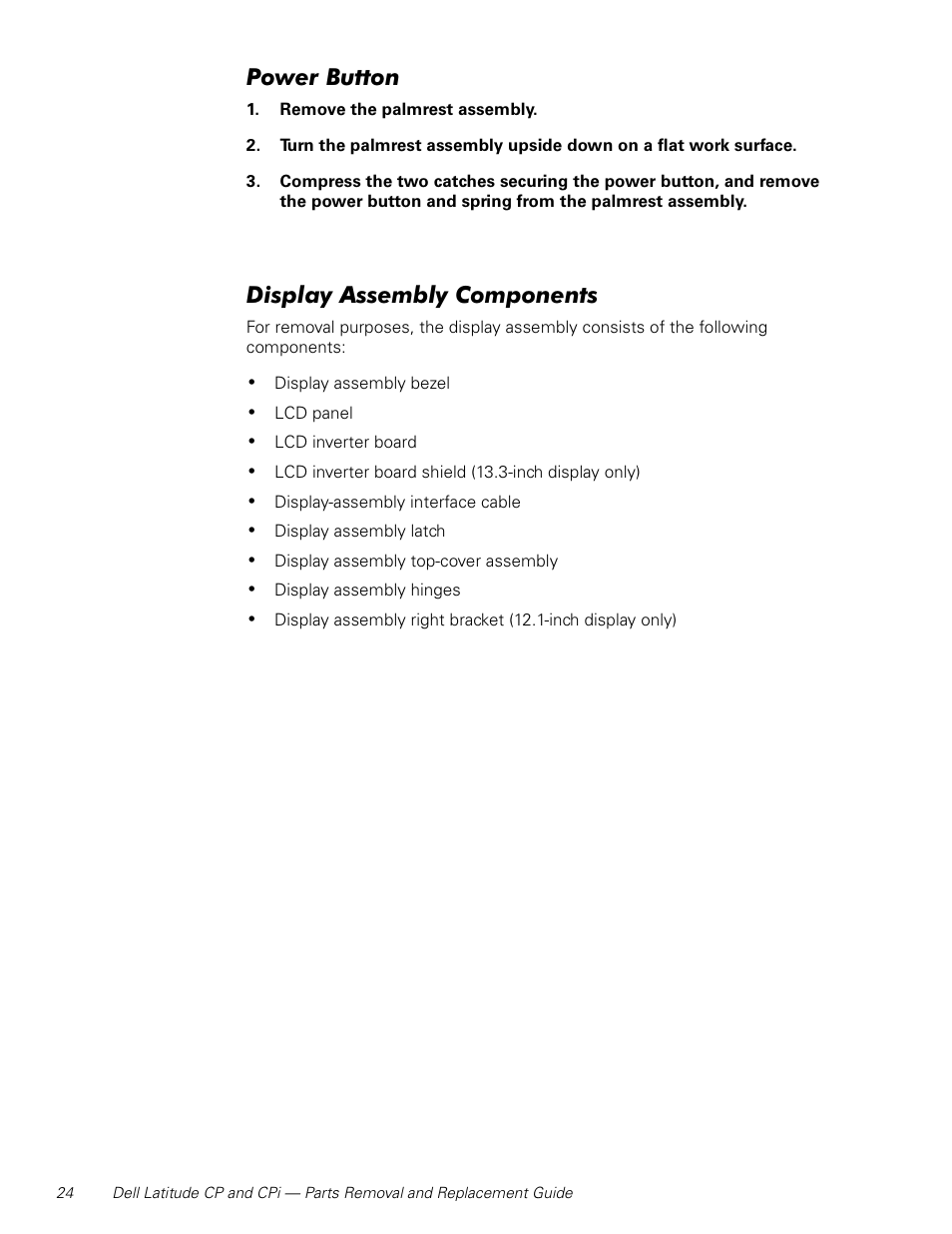 Power button, Display assembly components | Dell Latitude Cpi User Manual | Page 30 / 58