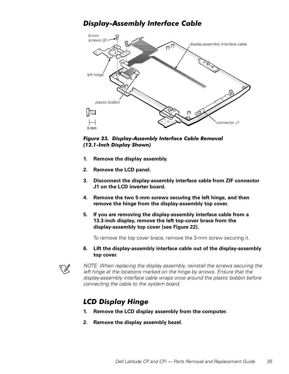 Display-assembly interface cable, Lcd display hinge | Dell Latitude Cpi User Manual | Page 41 / 58