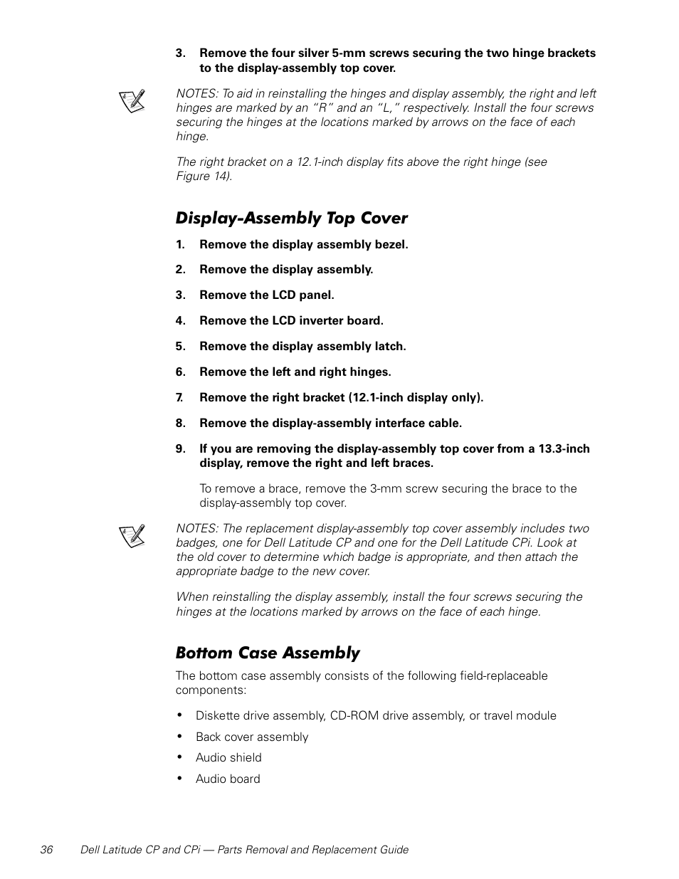 Display-assembly top cover, Bottom case assembly | Dell Latitude Cpi User Manual | Page 42 / 58