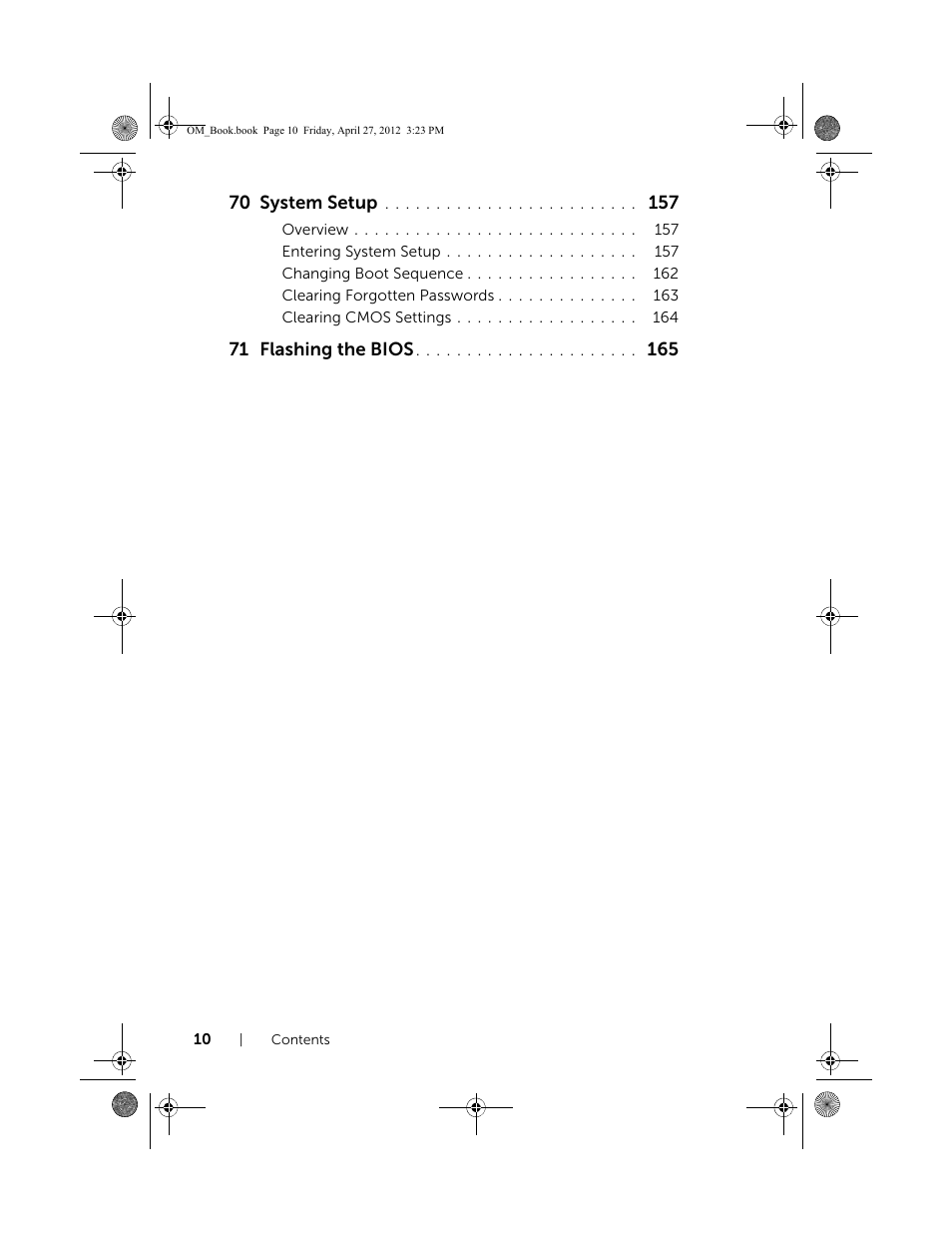 70 system setup, 71 flashing the bios | Dell XPS One 2710 (Mid 2012) User Manual | Page 10 / 166
