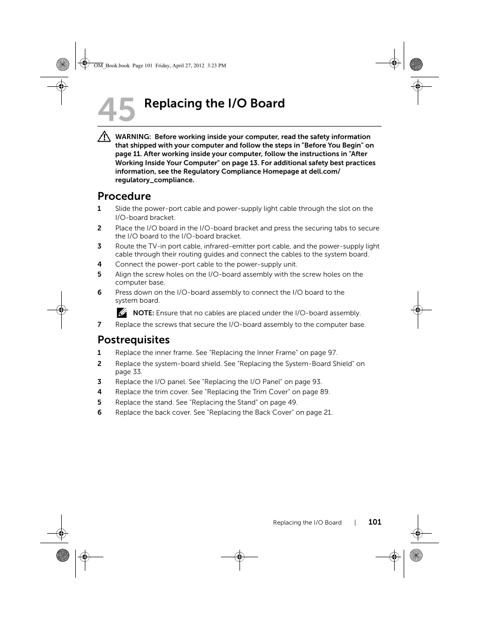Replacing the i/o board, Procedure, Postrequisites | Dell XPS One 2710 (Mid 2012) User Manual | Page 101 / 166