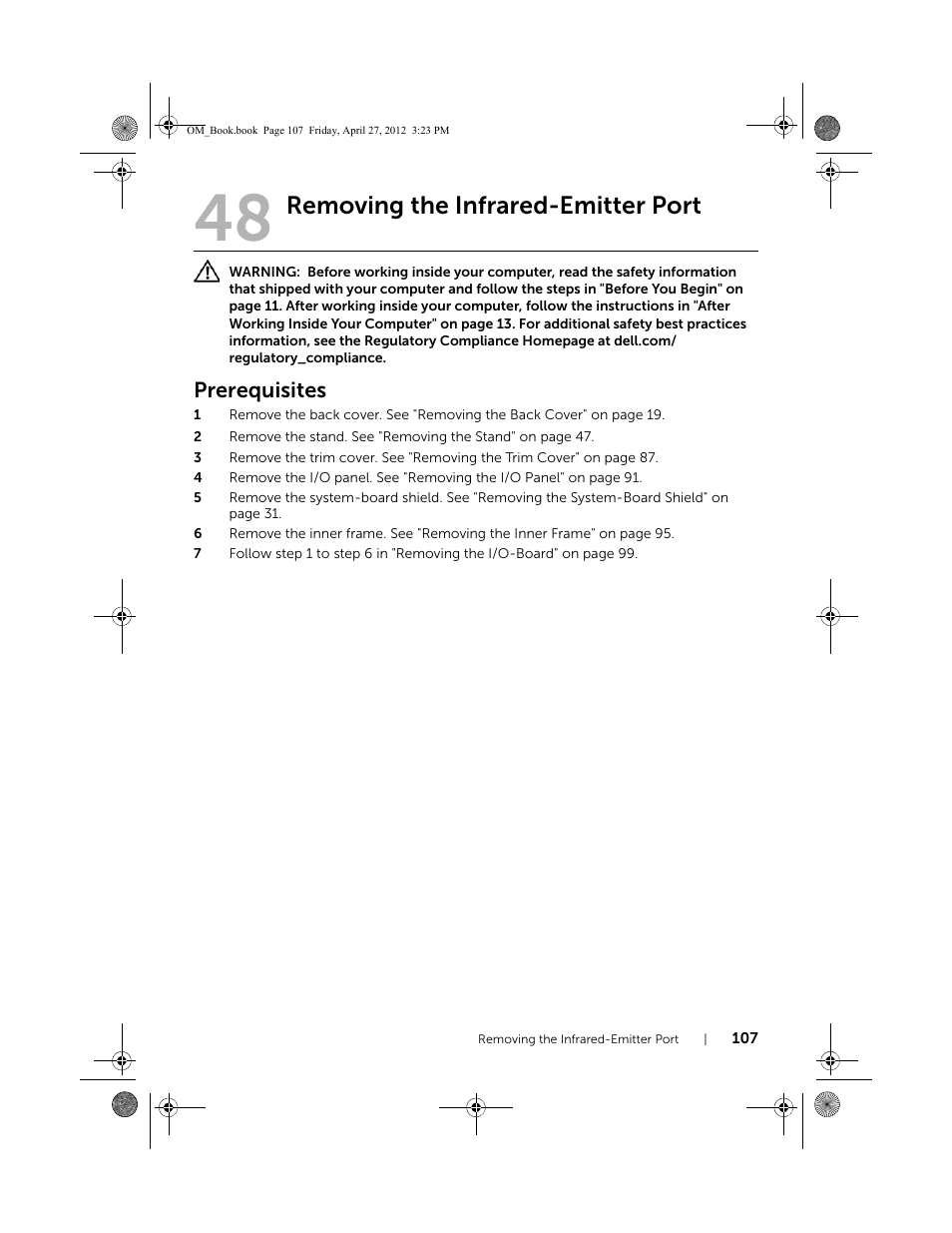 Removing the infrared-emitter port, Prerequisites | Dell XPS One 2710 (Mid 2012) User Manual | Page 107 / 166