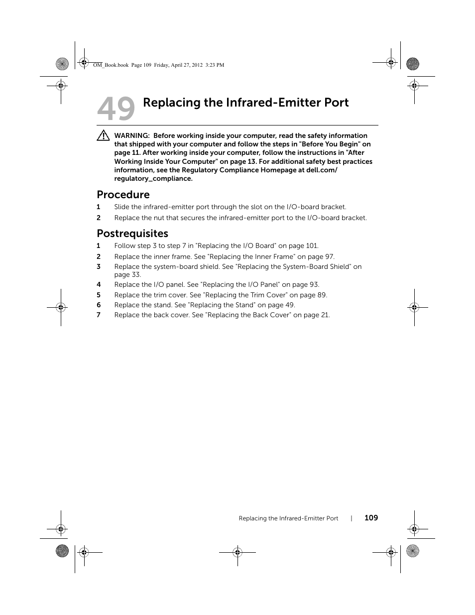 Replacing the infrared-emitter port, Procedure, Postrequisites | Dell XPS One 2710 (Mid 2012) User Manual | Page 109 / 166