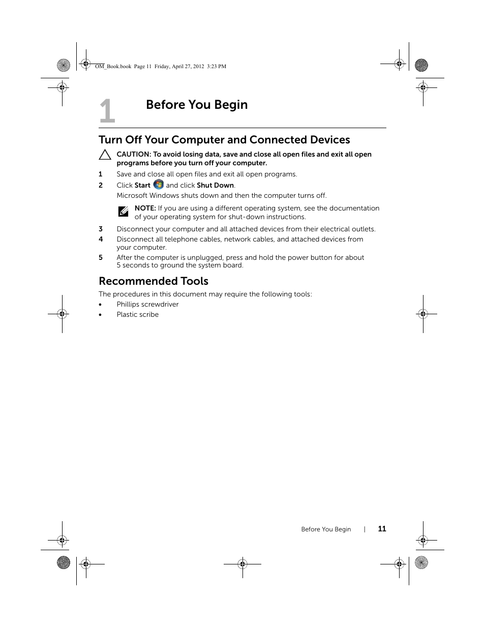 Before you begin, Turn off your computer and connected devices, Recommended tools | Dell XPS One 2710 (Mid 2012) User Manual | Page 11 / 166