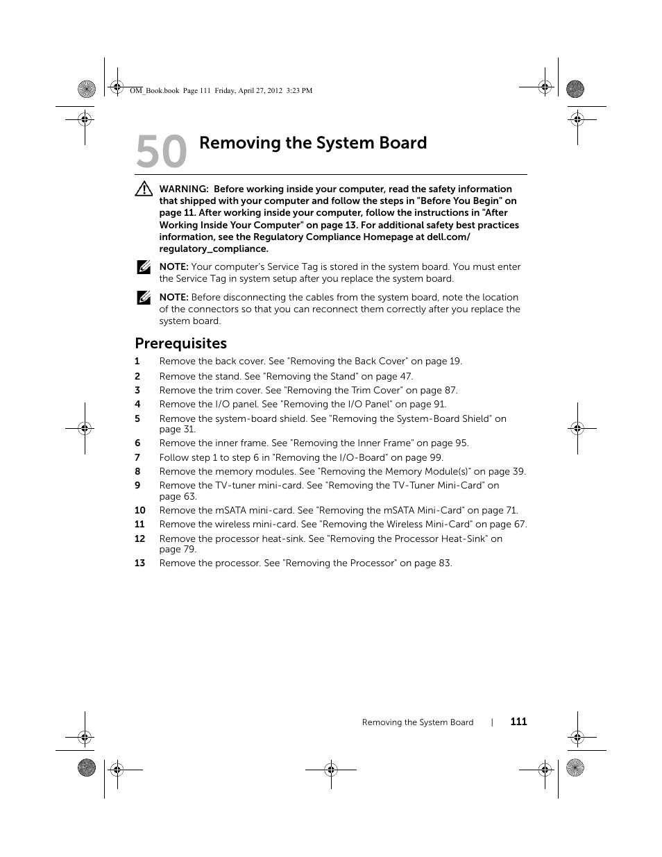 Removing the system board, Prerequisites | Dell XPS One 2710 (Mid 2012) User Manual | Page 111 / 166