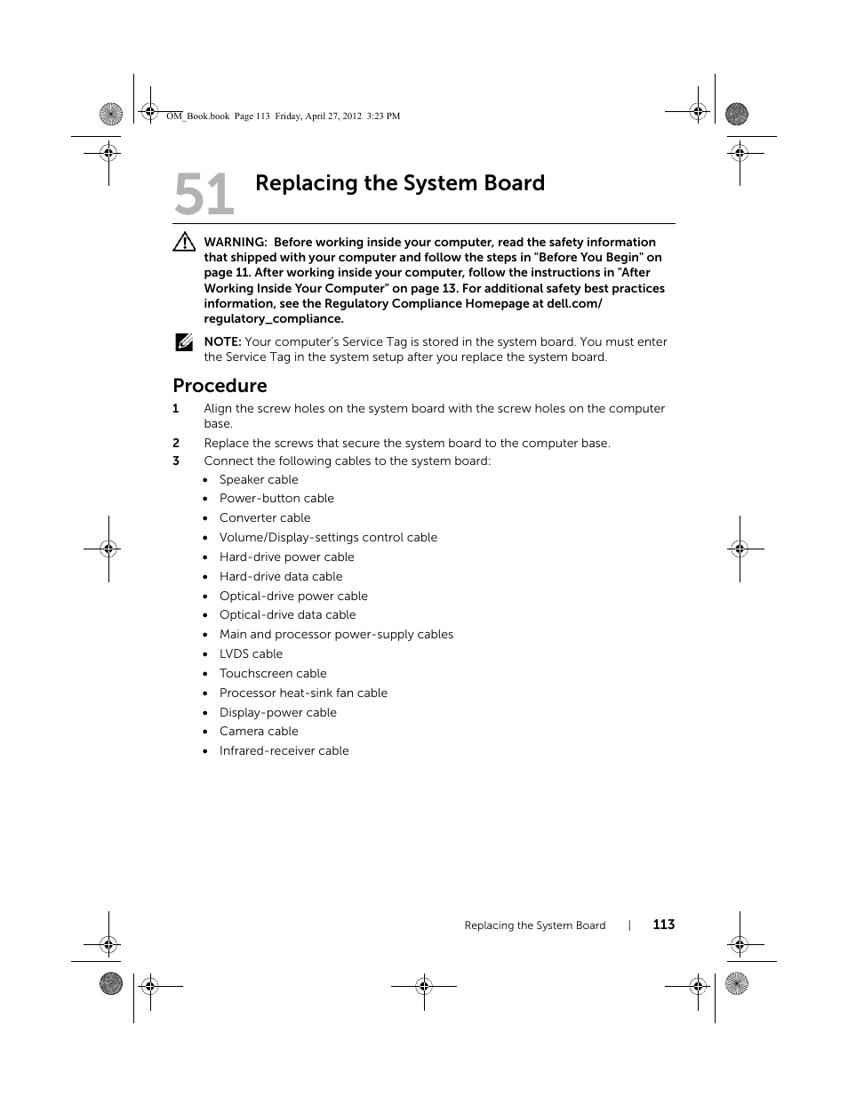 Replacing the system board, Procedure | Dell XPS One 2710 (Mid 2012) User Manual | Page 113 / 166