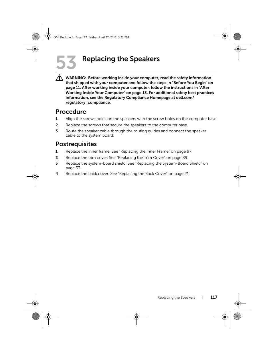 Replacing the speakers, Procedure, Postrequisites | Dell XPS One 2710 (Mid 2012) User Manual | Page 117 / 166