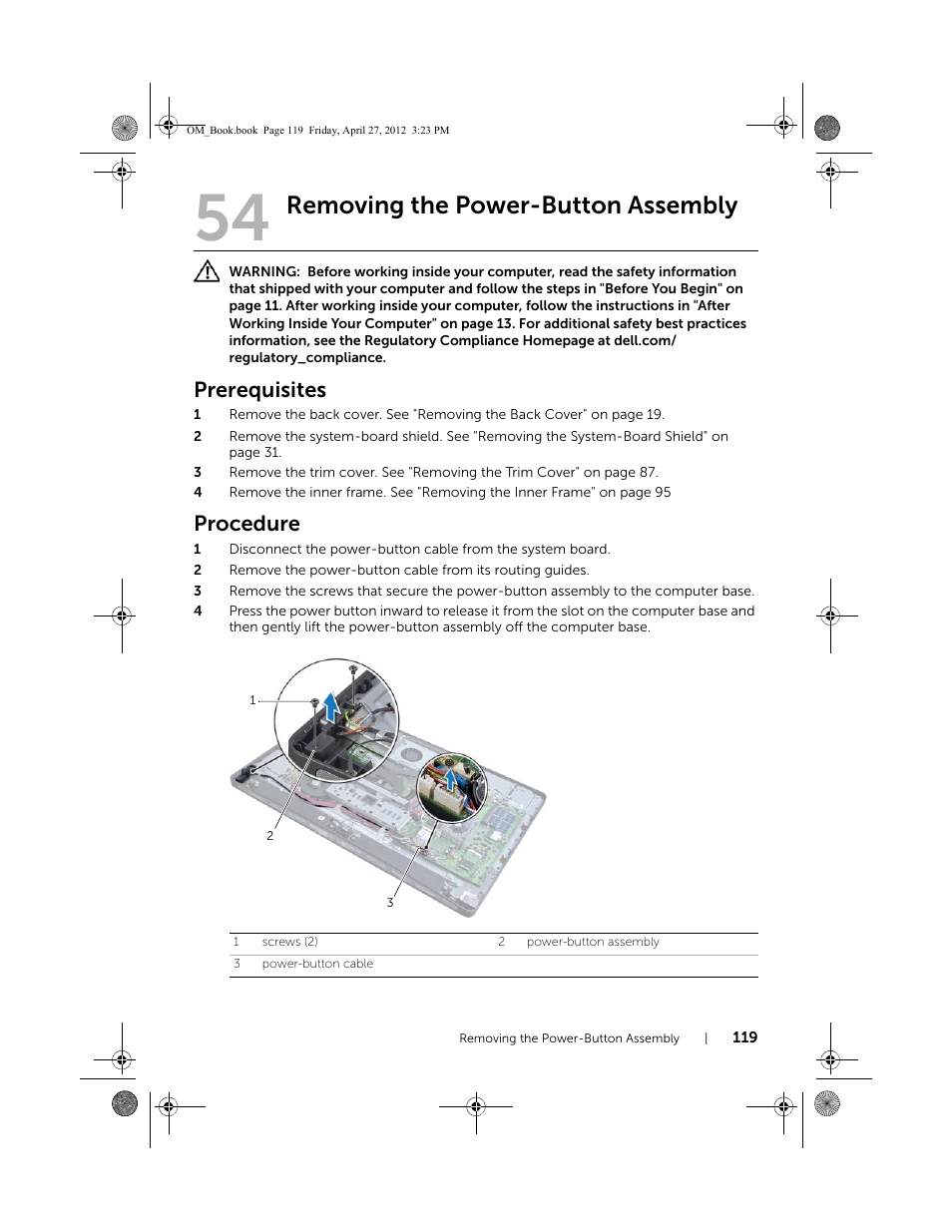 Removing the power-button assembly, Prerequisites, Procedure | Dell XPS One 2710 (Mid 2012) User Manual | Page 119 / 166