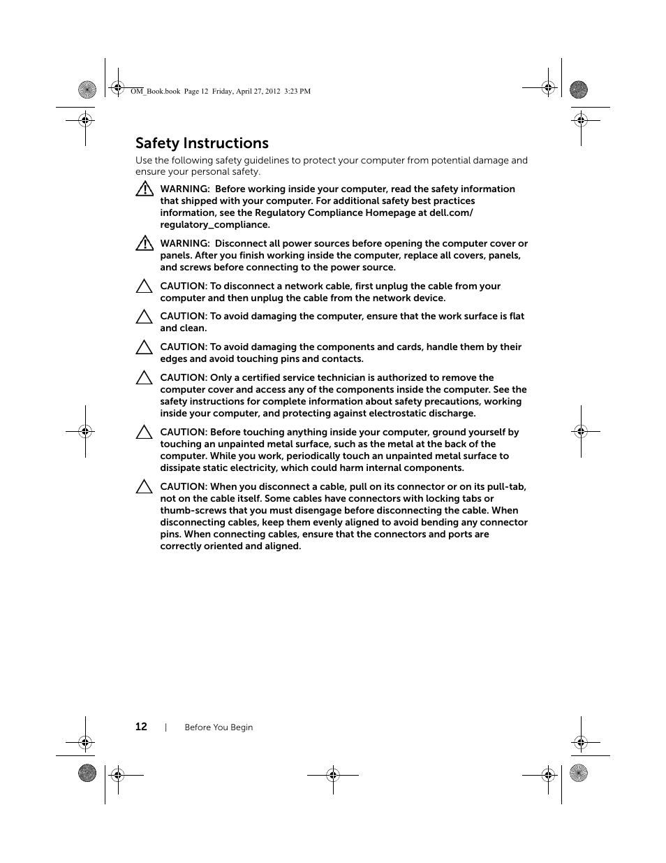 Safety instructions | Dell XPS One 2710 (Mid 2012) User Manual | Page 12 / 166