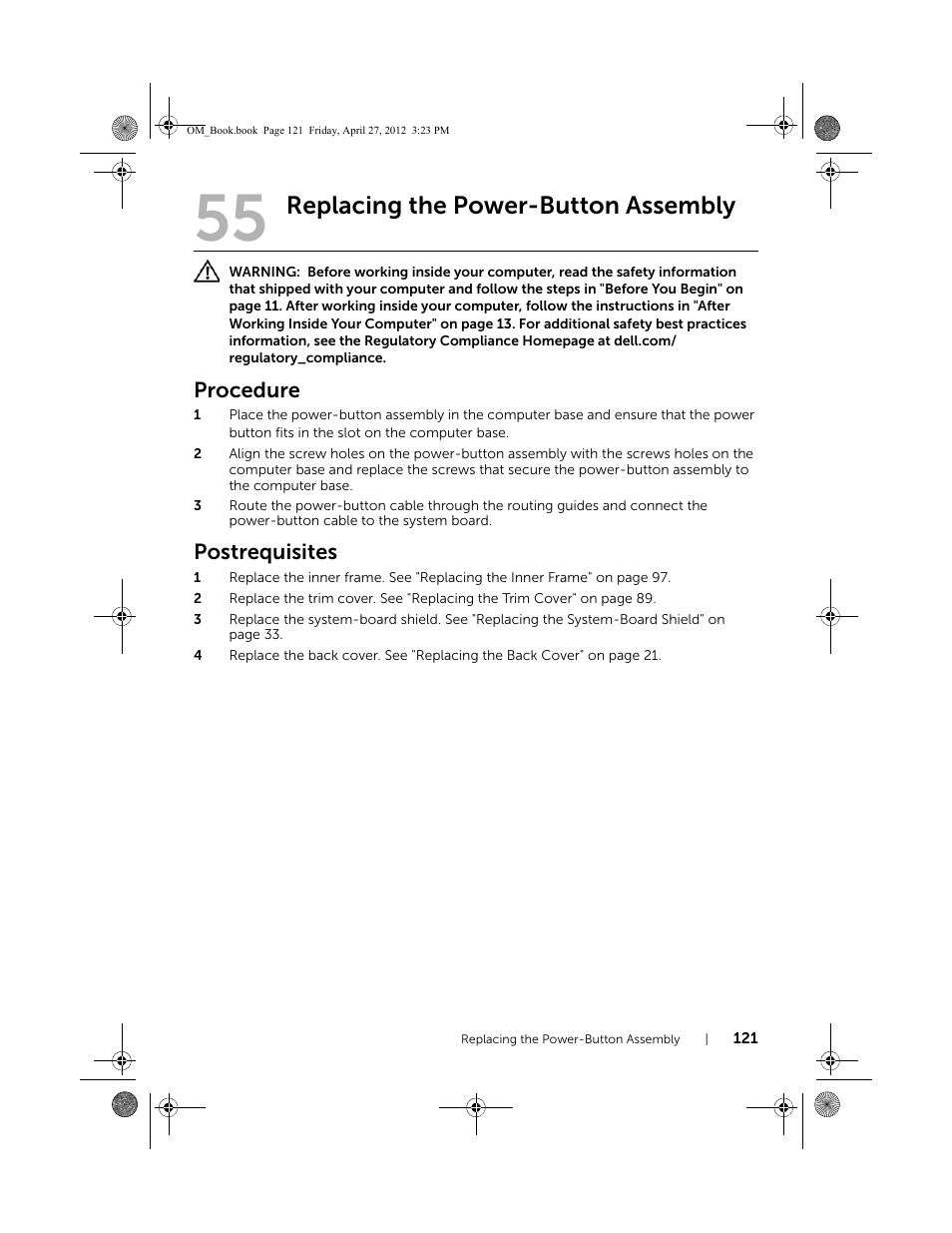 Replacing the power-button assembly, Procedure, Postrequisites | Dell XPS One 2710 (Mid 2012) User Manual | Page 121 / 166