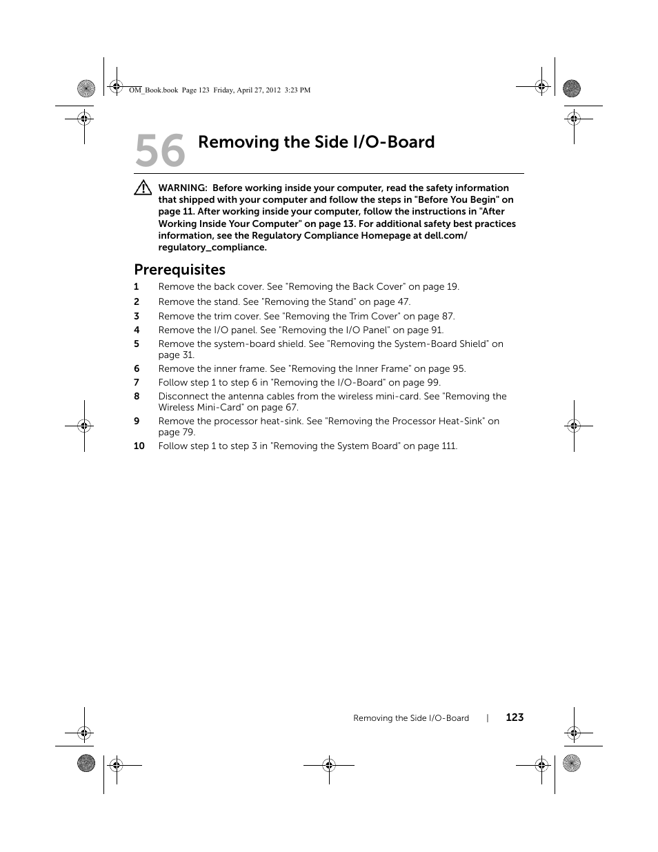 Removing the side i/o-board, Prerequisites | Dell XPS One 2710 (Mid 2012) User Manual | Page 123 / 166