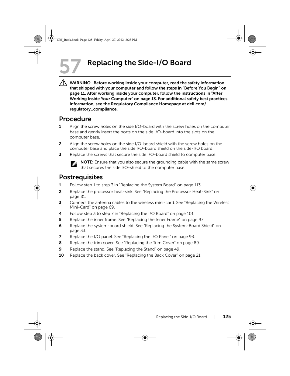 Replacing the side-i/o board, Procedure, Postrequisites | Dell XPS One 2710 (Mid 2012) User Manual | Page 125 / 166