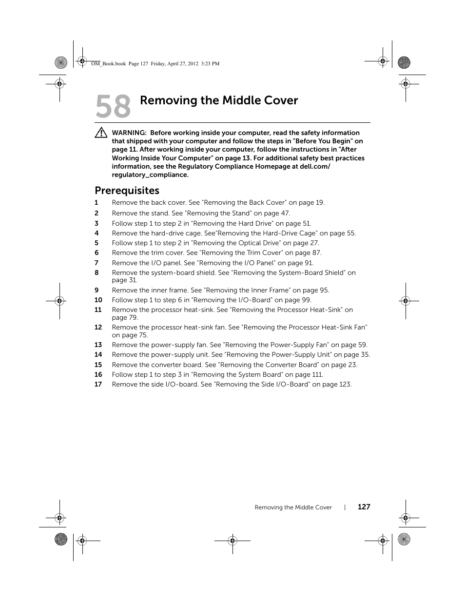 Removing the middle cover, Prerequisites | Dell XPS One 2710 (Mid 2012) User Manual | Page 127 / 166