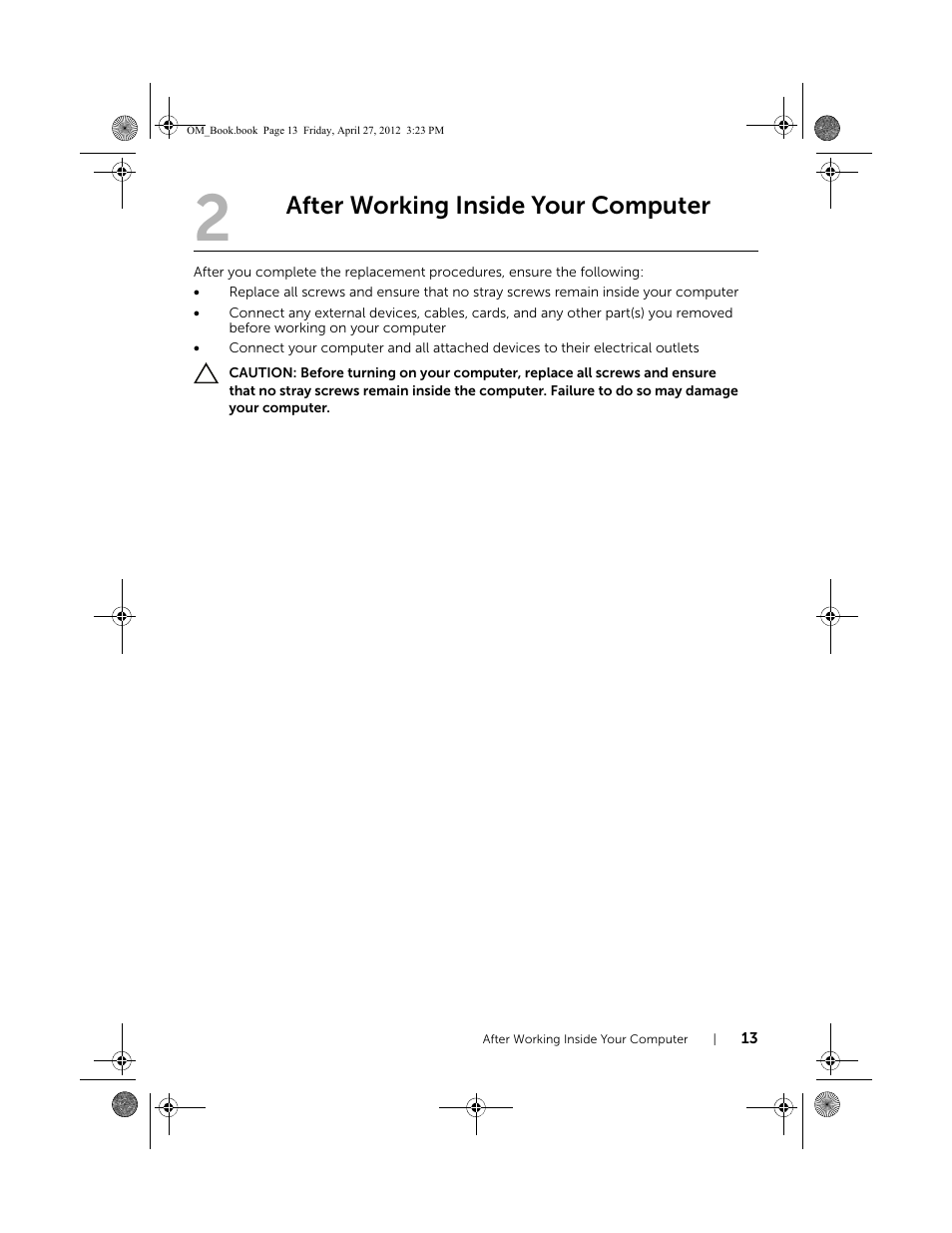 After working inside your computer | Dell XPS One 2710 (Mid 2012) User Manual | Page 13 / 166