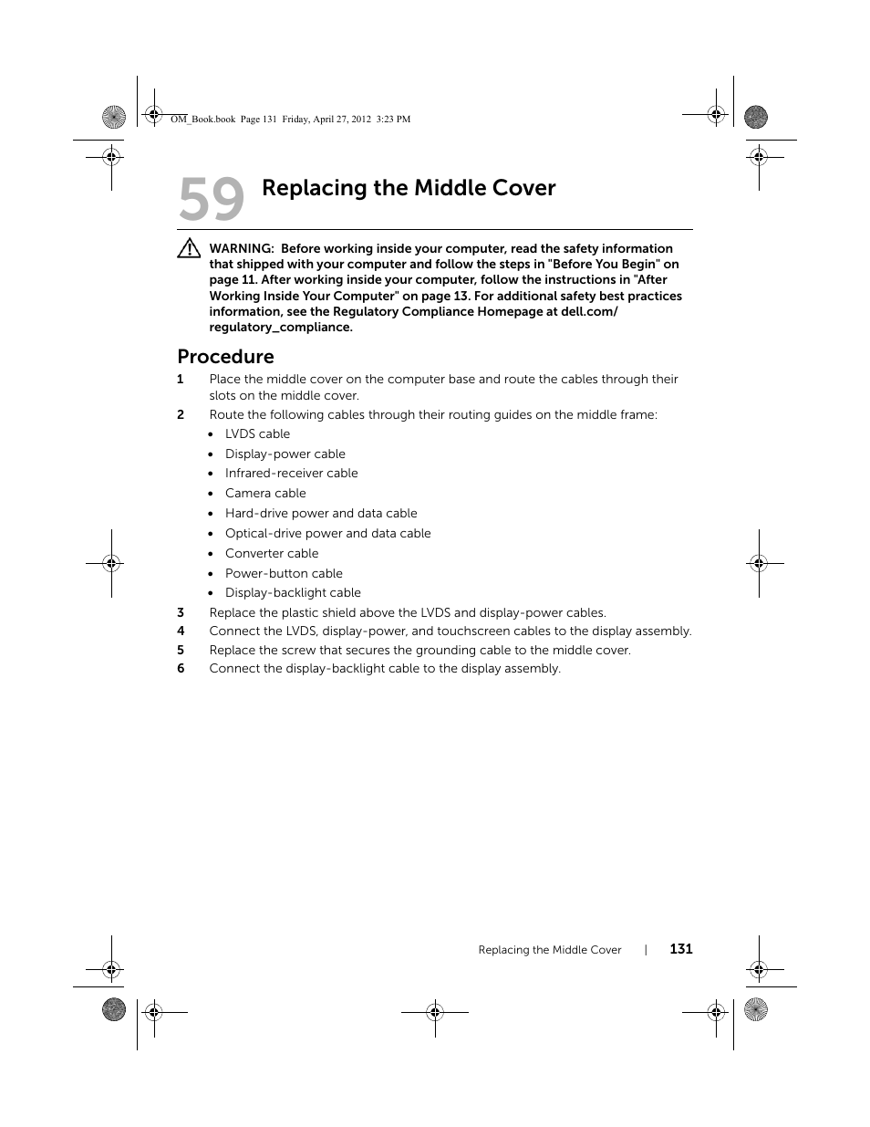 Replacing the middle cover, Procedure | Dell XPS One 2710 (Mid 2012) User Manual | Page 131 / 166