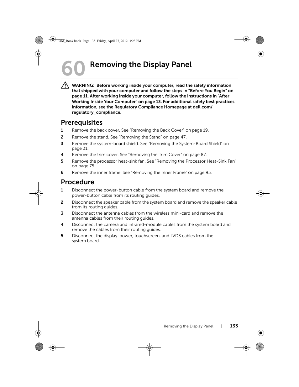Removing the display panel, Prerequisites, Procedure | Dell XPS One 2710 (Mid 2012) User Manual | Page 133 / 166