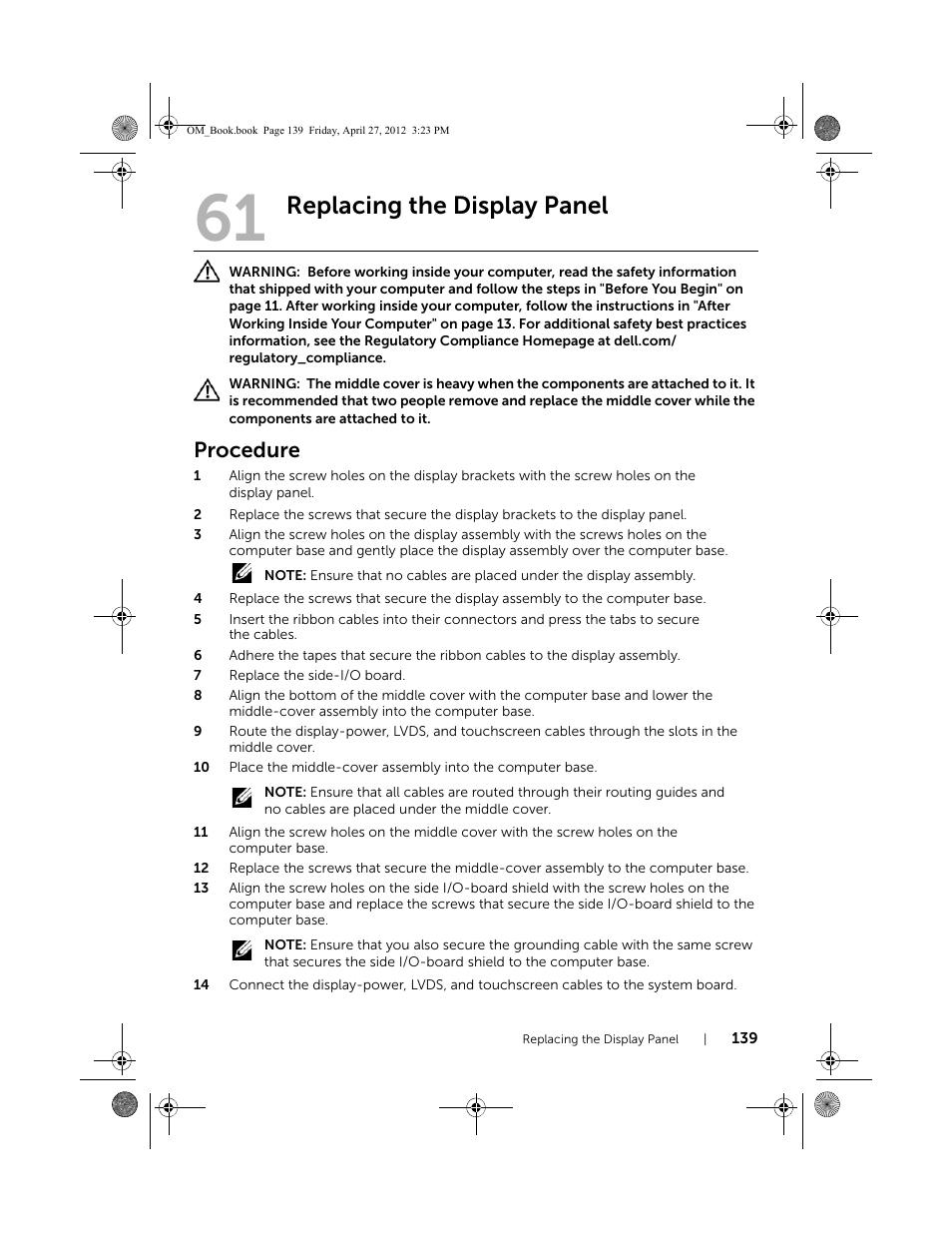 Replacing the display panel, Procedure | Dell XPS One 2710 (Mid 2012) User Manual | Page 139 / 166
