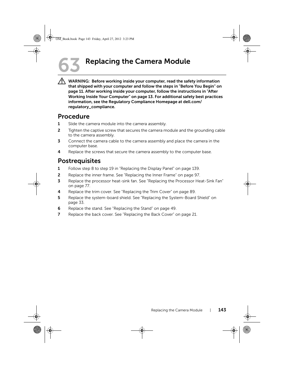 Replacing the camera module, Procedure, Postrequisites | Dell XPS One 2710 (Mid 2012) User Manual | Page 143 / 166