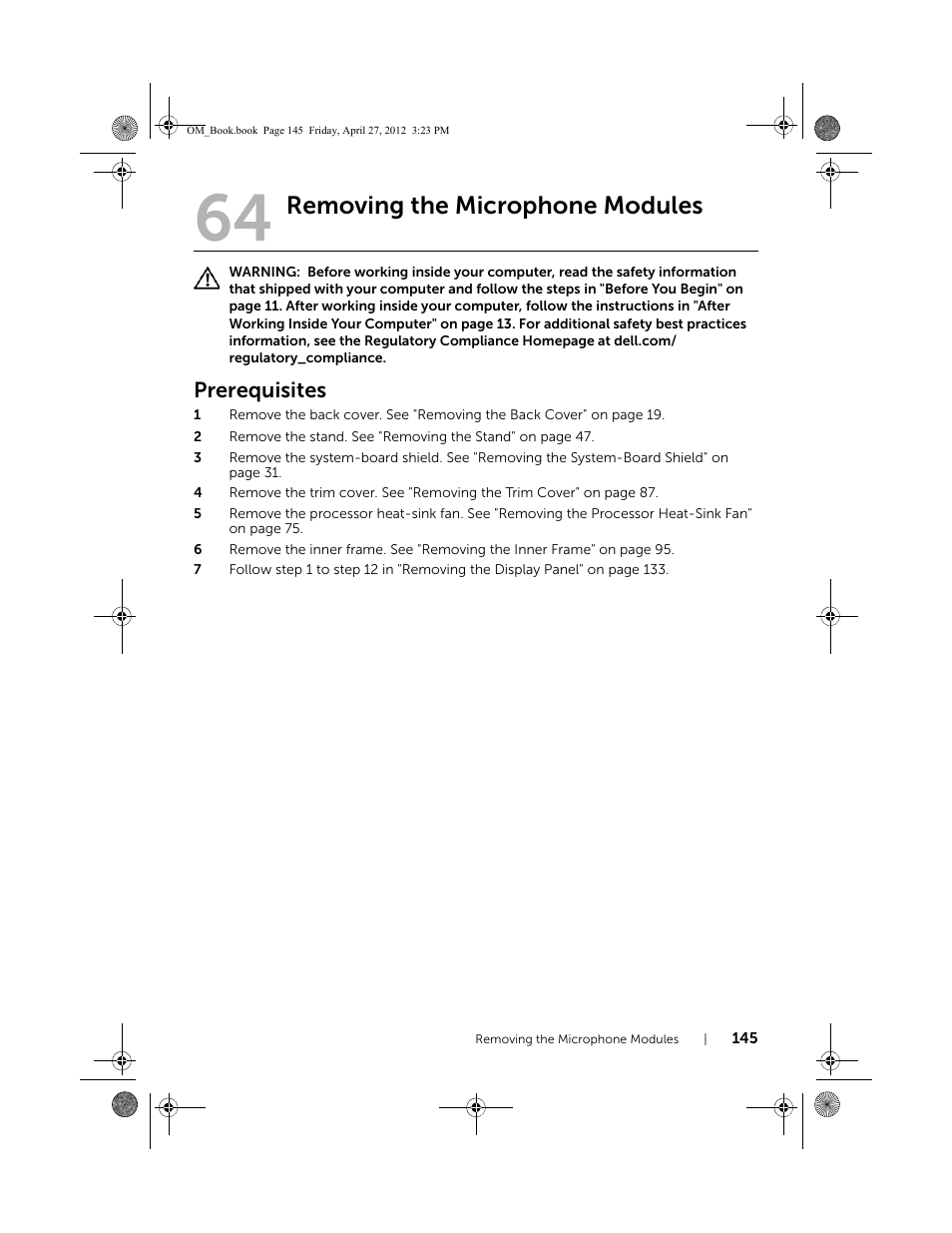 Removing the microphone modules, Prerequisites | Dell XPS One 2710 (Mid 2012) User Manual | Page 145 / 166