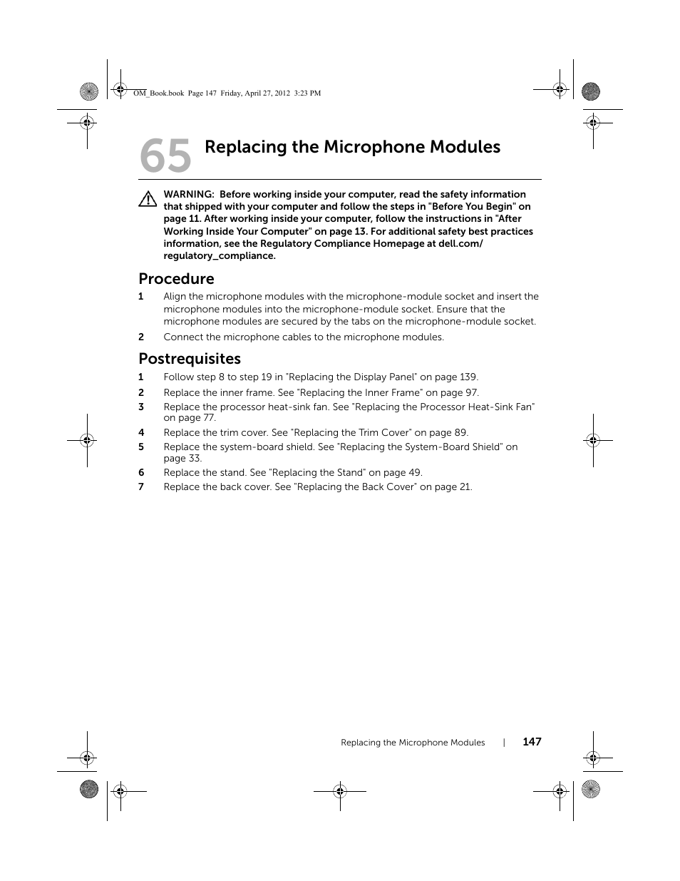Replacing the microphone modules, Procedure, Postrequisites | Dell XPS One 2710 (Mid 2012) User Manual | Page 147 / 166