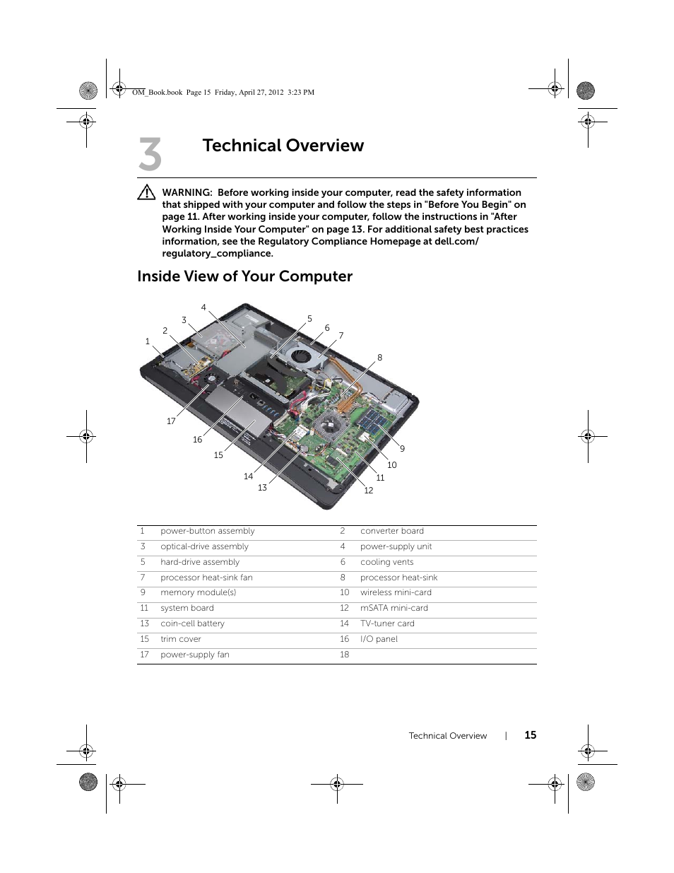 Technical overview, Inside view of your computer | Dell XPS One 2710 (Mid 2012) User Manual | Page 15 / 166