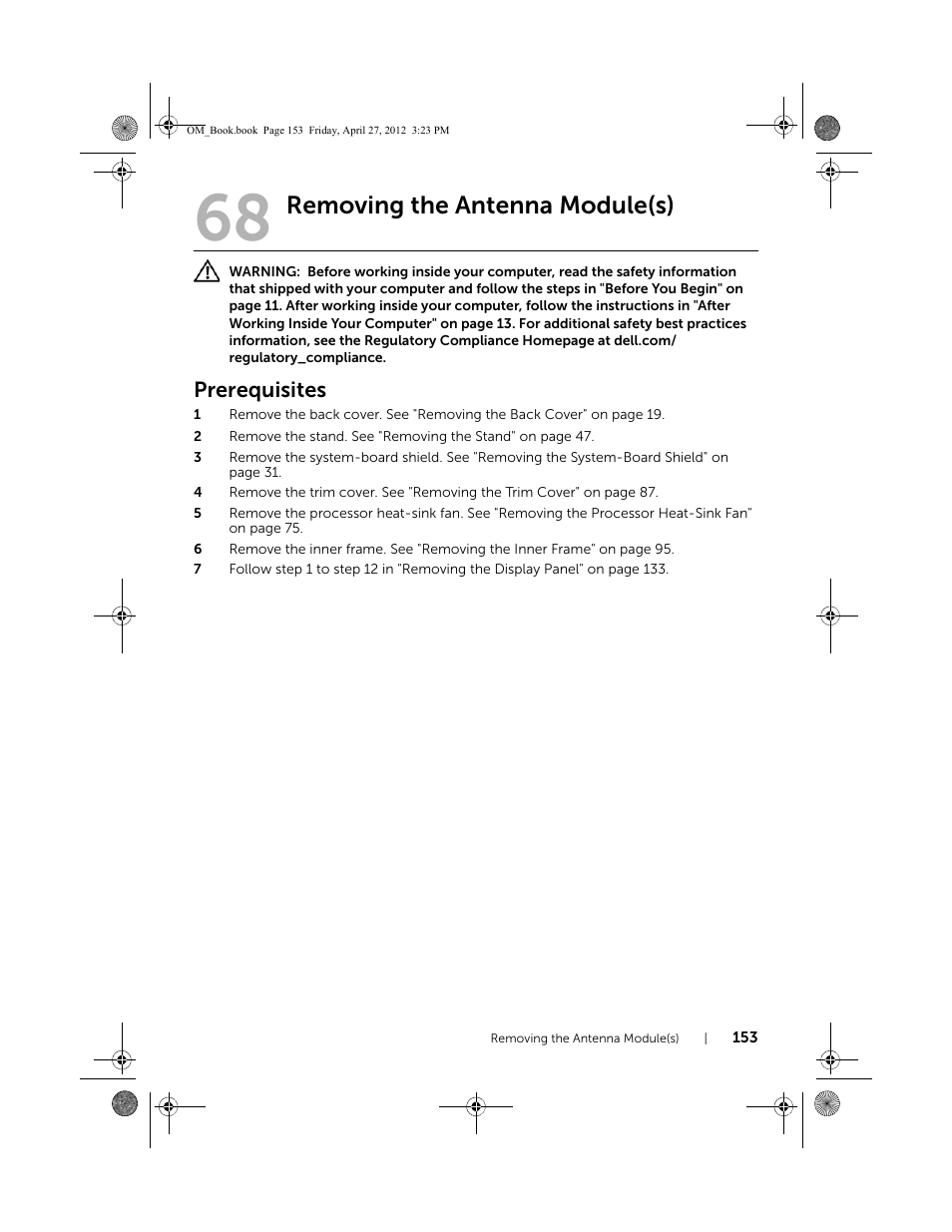 Removing the antenna module(s), Prerequisites | Dell XPS One 2710 (Mid 2012) User Manual | Page 153 / 166