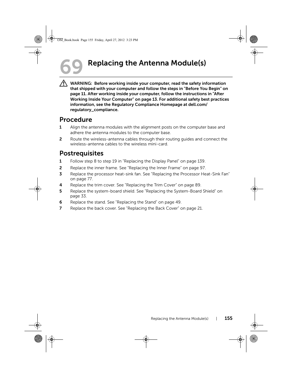 Replacing the antenna module(s), Procedure, Postrequisites | Dell XPS One 2710 (Mid 2012) User Manual | Page 155 / 166