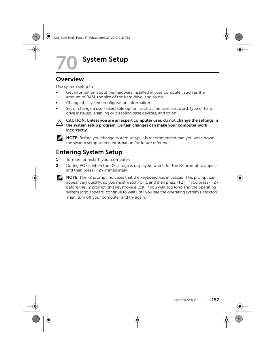 System setup, Overview, Entering system setup | Dell XPS One 2710 (Mid 2012) User Manual | Page 157 / 166