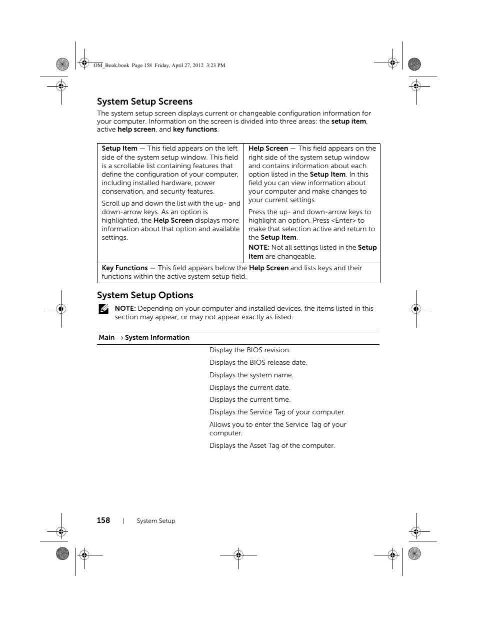 System setup screens, System setup options | Dell XPS One 2710 (Mid 2012) User Manual | Page 158 / 166