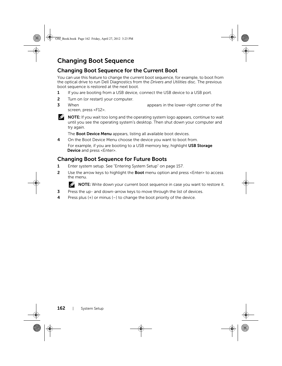 Changing boot sequence, Changing boot sequence for the current boot, Changing boot sequence for future boots | Dell XPS One 2710 (Mid 2012) User Manual | Page 162 / 166