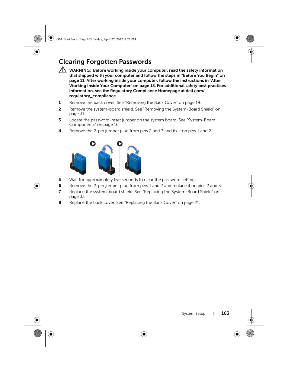 Clearing forgotten passwords | Dell XPS One 2710 (Mid 2012) User Manual | Page 163 / 166