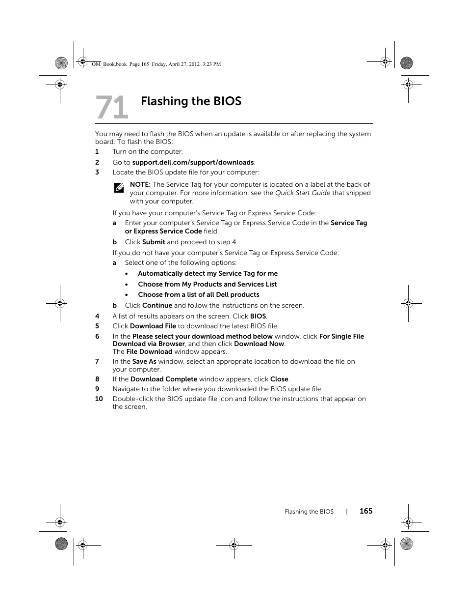 Flashing the bios | Dell XPS One 2710 (Mid 2012) User Manual | Page 165 / 166