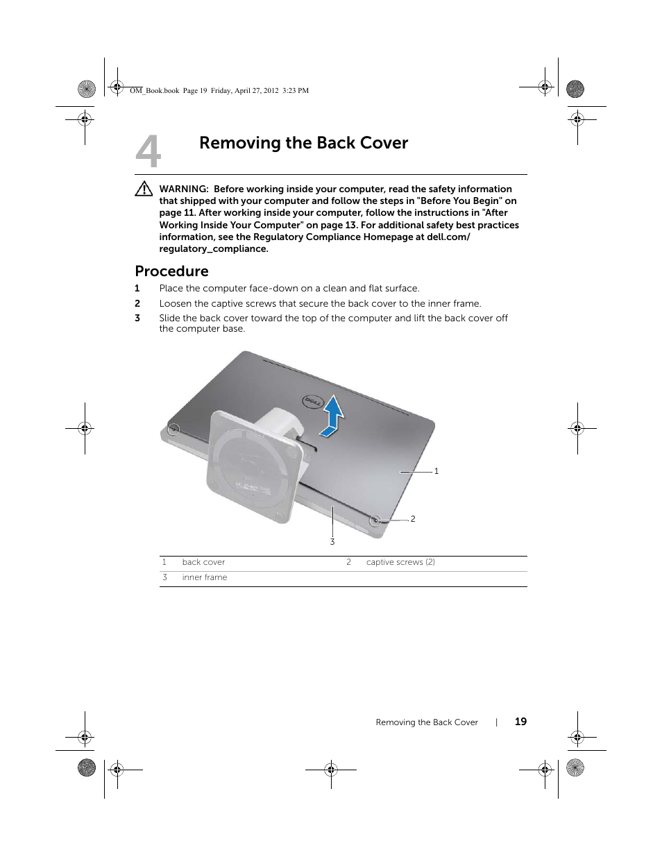 Removing the back cover, Procedure | Dell XPS One 2710 (Mid 2012) User Manual | Page 19 / 166