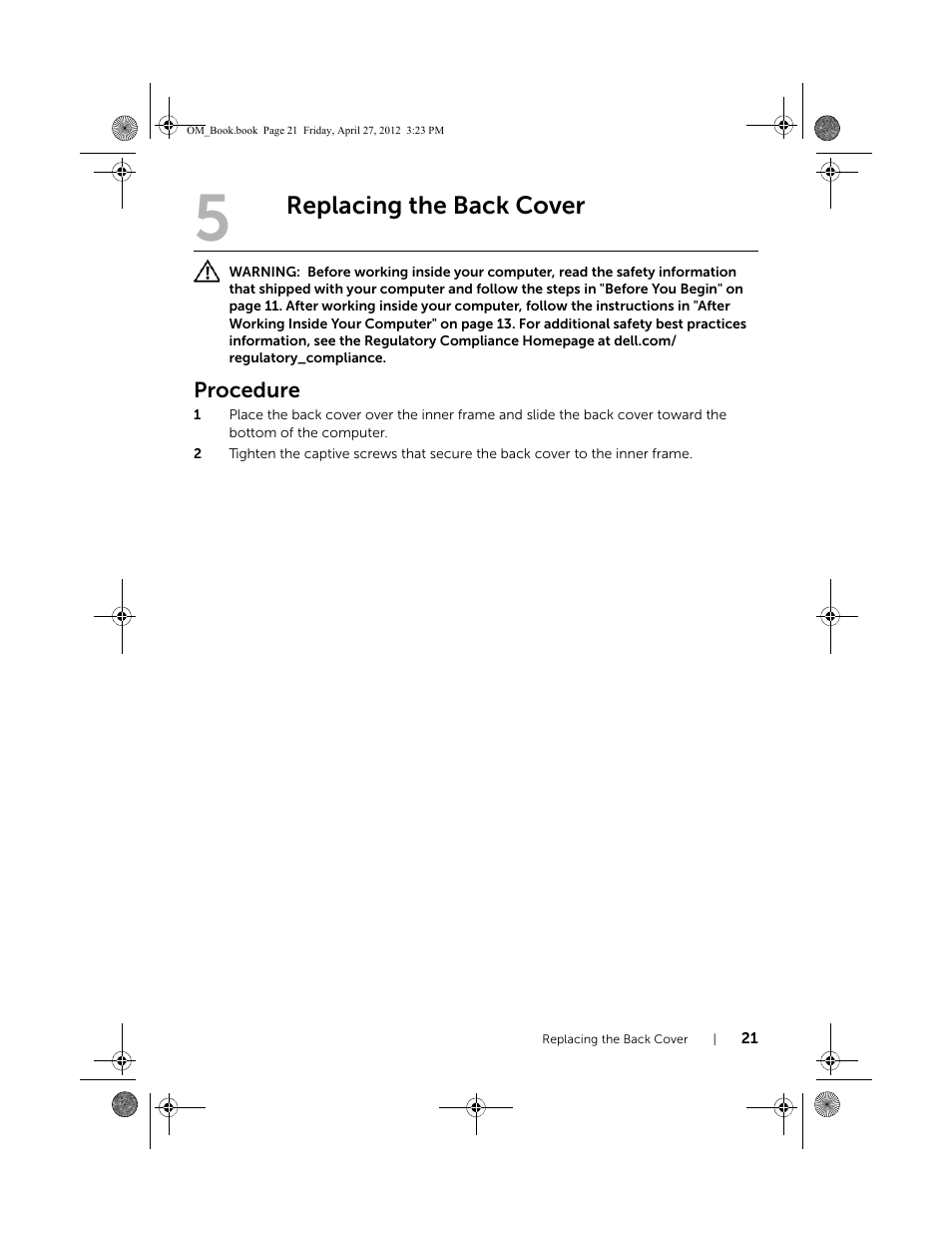 Replacing the back cover, Procedure | Dell XPS One 2710 (Mid 2012) User Manual | Page 21 / 166