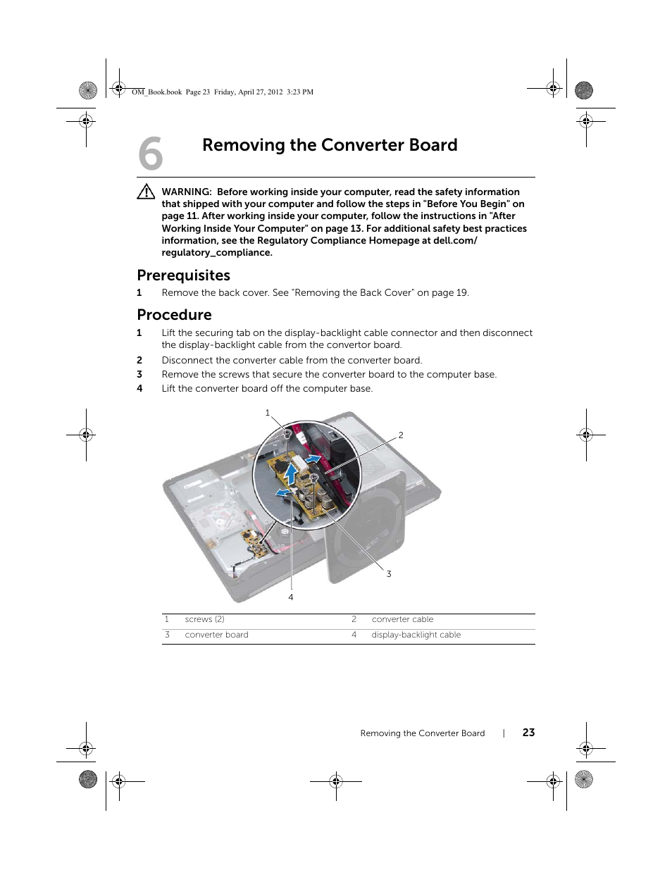 Removing the converter board, Prerequisites, Procedure | Dell XPS One 2710 (Mid 2012) User Manual | Page 23 / 166