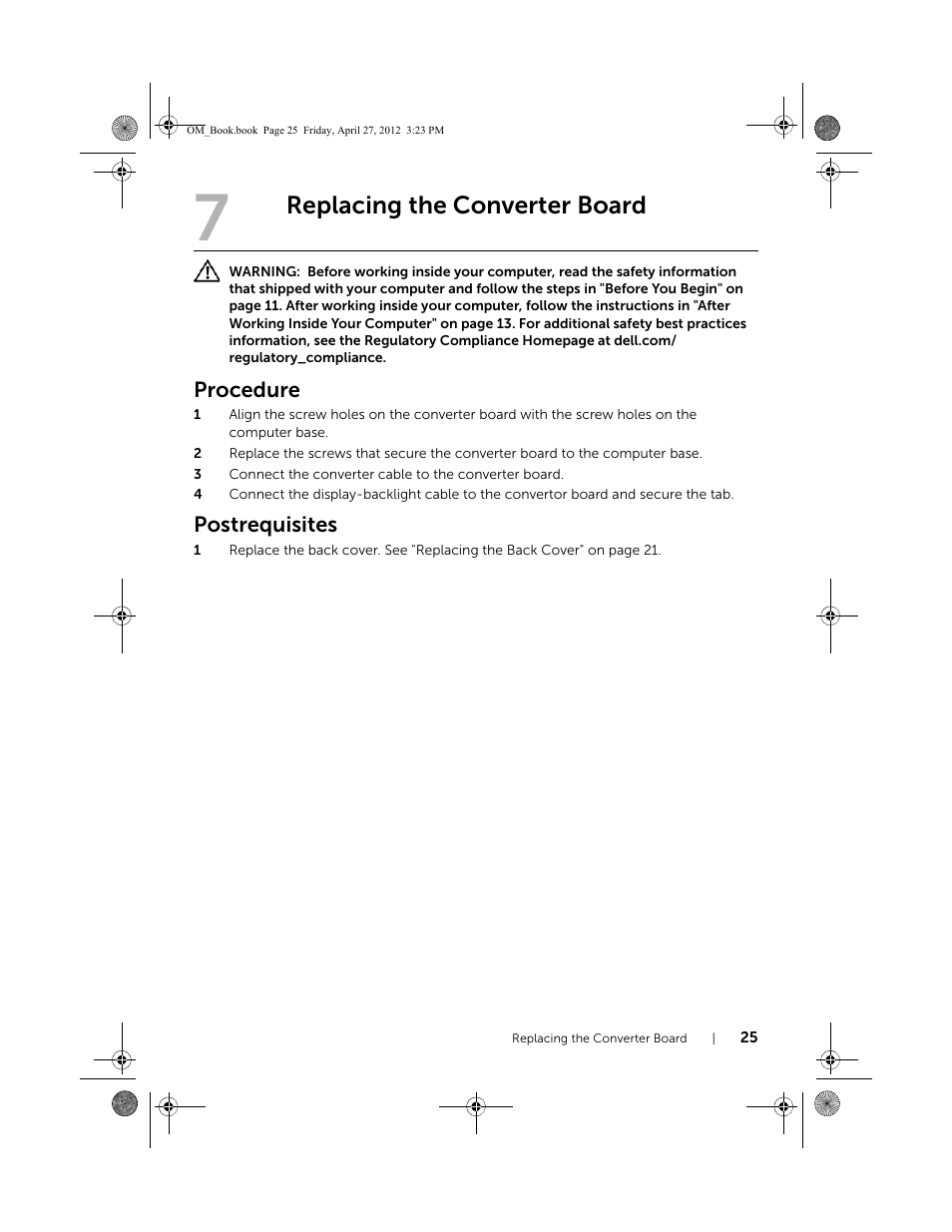 Replacing the converter board, Procedure, Postrequisites | Dell XPS One 2710 (Mid 2012) User Manual | Page 25 / 166