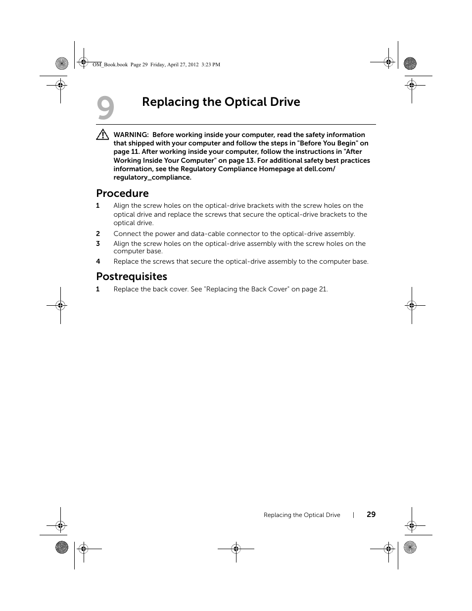 Replacing the optical drive, Procedure, Postrequisites | Dell XPS One 2710 (Mid 2012) User Manual | Page 29 / 166