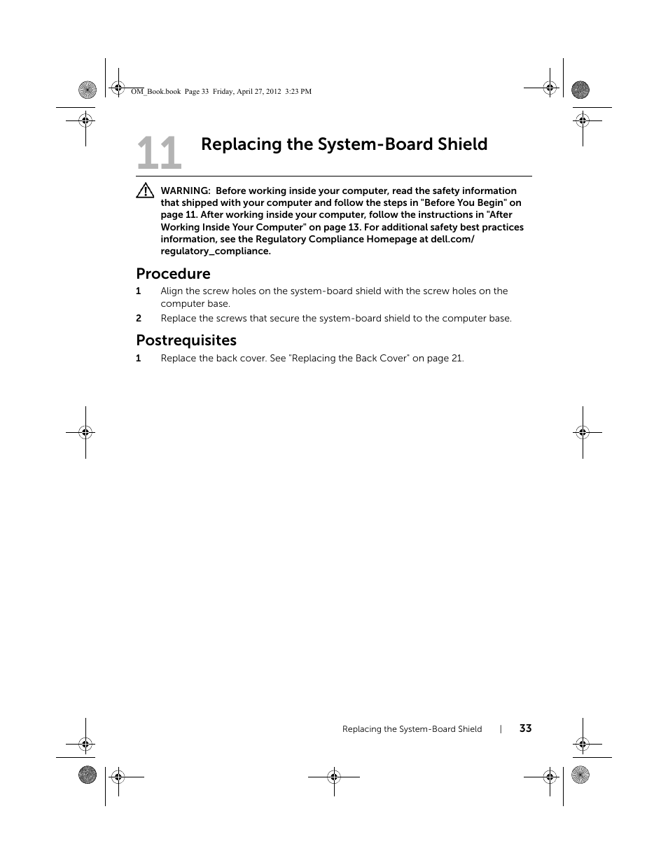 Replacing the system-board shield, Procedure, Postrequisites | Dell XPS One 2710 (Mid 2012) User Manual | Page 33 / 166