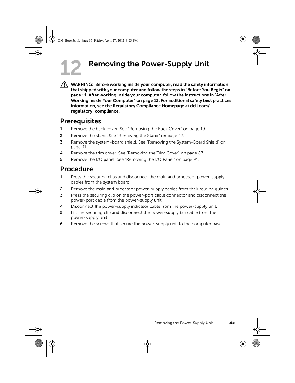 Removing the power-supply unit, Prerequisites, Procedure | Dell XPS One 2710 (Mid 2012) User Manual | Page 35 / 166