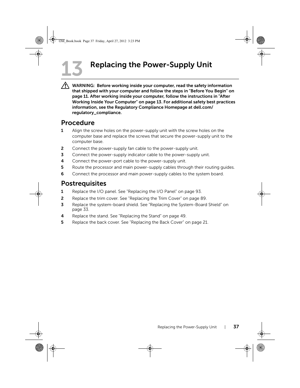 Replacing the power-supply unit, Procedure, Postrequisites | Dell XPS One 2710 (Mid 2012) User Manual | Page 37 / 166