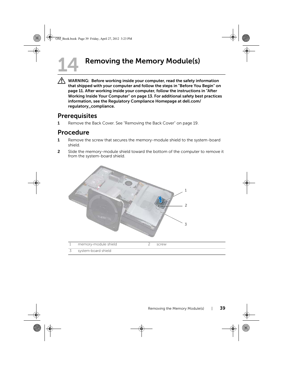 Removing the memory module(s), Prerequisites, Procedure | Dell XPS One 2710 (Mid 2012) User Manual | Page 39 / 166